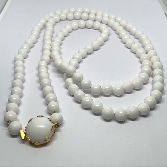 Austria Jewelry - Vintage long White acrylic Beaded Necklace Made in Austria